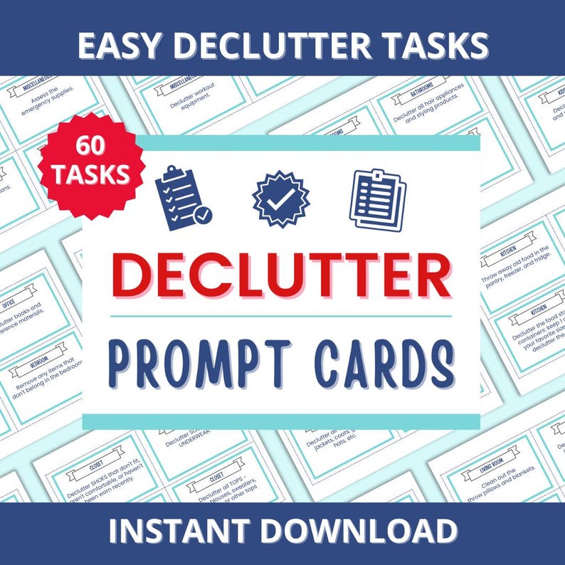 Peut inclure: Image d'un produit num&eacute;rique : des cartes d'invite "Easy Declutter Tasks". Les cartes blanches comportent du texte teal et rouge, avec des invites pour la cuisine, la chambre et le placard. Le texte "Instant Download" est &eacute;galement pr&eacute;sent.