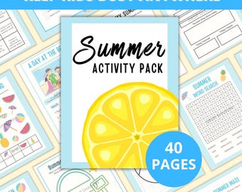 Pacchetto di attività estive stampabili per bambini / 40 pagine di divertimento senza schermi / Attività per viaggi in auto per bambini / Libro interattivo da viaggio in PDF