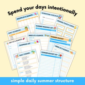 K&ouml;nnte beinhalten: Eine Sammlung druckbarer Sommerplanungsb&ouml;gen mit farbenfrohen Illustrationen. Enth&auml;lt einen Monats&uuml;berblick, einen Tagesplan, eine Einkaufsliste und eine Sommer-Bucket-Liste. Der Text lautet "Spend your days intentionally" und "simple daily summer structure."