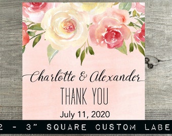 Personalized Stickers | Blush Watercolor Floral Labels | Wedding Favor Stickers | Square Favor Labels | Party | Shower - SLO - BF