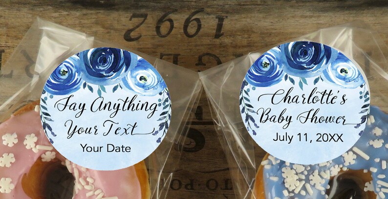 Blue Wedding Favors Shower Favors Donut Favors Personalized Cellophane Favor Bags With Indigo Floral Labels Food Favors DB IG
