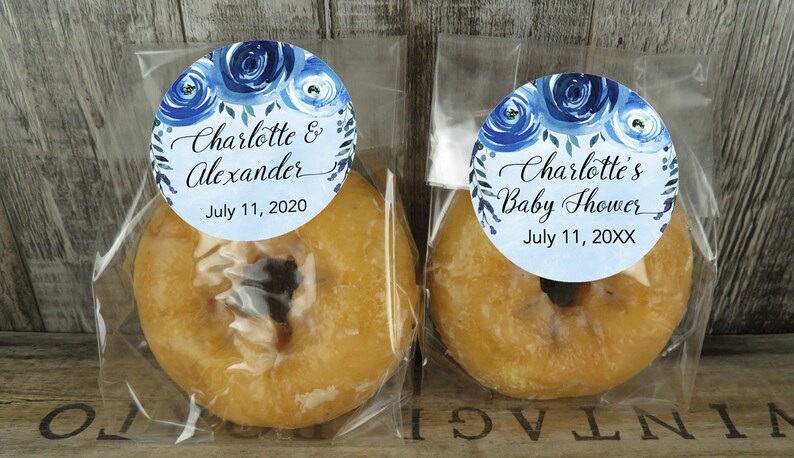 Blue Wedding Favors Shower Favors Donut Favors Personalized Cellophane Favor Bags With Indigo Floral Labels Food Favors DB IG