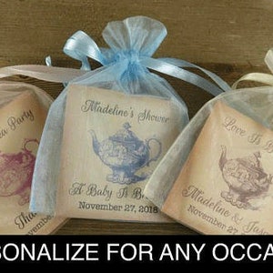 Tea Favors 10 Personalized & Fully Assembled - ANY OCCASION - Wedding Tea Favor - Tea Party - Bridal Shower - VintageTea Pot Design -tf