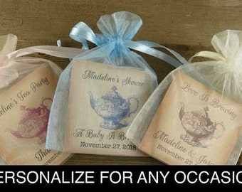 Tea Favors 10 Personalized & Fully Assembled - ANY OCCASION - Wedding Tea Favor - Tea Party - Bridal Shower - VintageTea Pot Design -tf