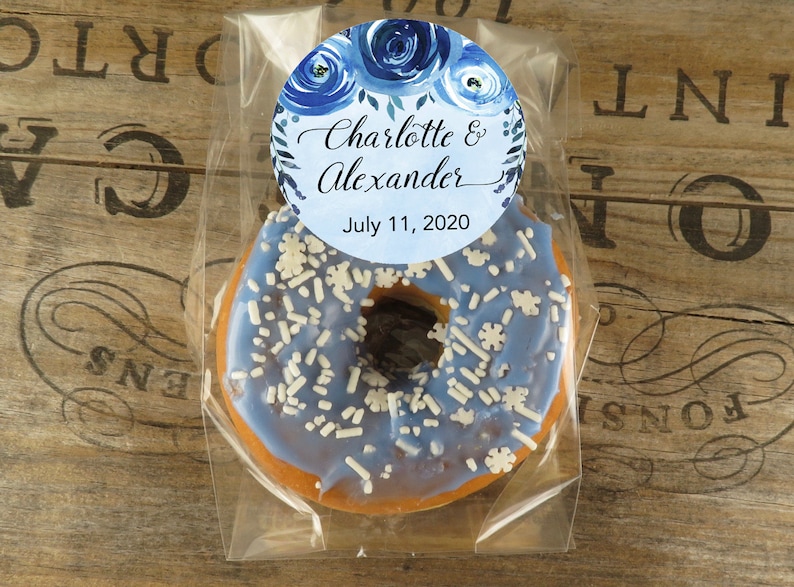 Blue Wedding Favors Shower Favors Donut Favors Personalized Cellophane Favor Bags With Indigo Floral Labels Food Favors DB IG