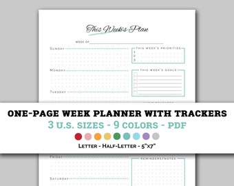 One Page Weekly Planner Printable with Trackers - Monday & Sunday Start - Letter, Half-Letter, 5"x7" Sizes - 9 Colors