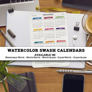 May include: A close-up of a desk with a calendar, a phone, a pen, and a plant. The calendar is a watercolor swash calendar with the months of January through December. The calendar is available in removable white, white matte, white gloss, clear matte, and clear gloss. The text "Humanly Organized" is at the bottom of the image.