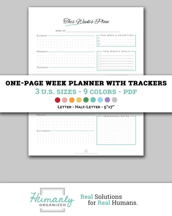 One Page Weekly Planner Printable With Trackers Monday &amp; | Etsy