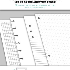 Pode incluir: Tr&ecirc;s tipos diferentes de papel para planejador com furos perfurados na lateral. O papel inclui papel quadriculado, pautado e pontilhado. O texto na imagem diz: "PUNCHED FOR YOUR NEEDS LET US DO THE ANNOYING PARTS! NO MATTER YOUR PLANNER STYLE, WE'LL DO A PUNCH FOR IT. Humanly ORGANIZED Real Solutions for Real Humans."