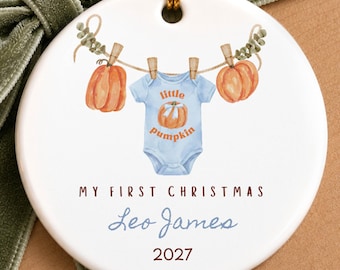 Personalized Baby Boy First Christmas Ornament, Blue Bow Little Pumpkin Baby Gift, Fall Theme Baby Gift, Custom Name & Est Year Keepsake