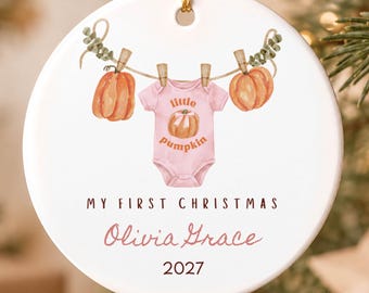 Personalized Baby Girl's First Christmas Ornament, Pink Little Pumpkin Baby Gift, October Baby Gift, Custom Name Keepsake