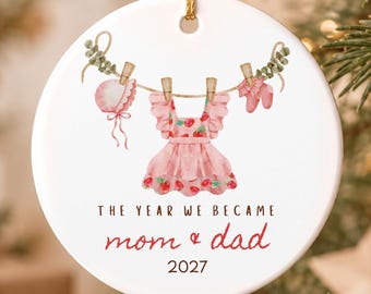 Personalized New Mom & New Dad Christmas Ornament Keepsake Gift | First Time Parents Gift | Family of Three | Strawberry Baby Girl Gift