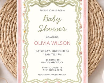 Vintage Floral Baby Shower Invitation, Pink Green Baby Girl Invite, Coquette Shower, Editable Canva Template (Instant Download)