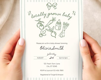 Locally Grown Baby Shower Editable Invite Template, Farmers Market Baby Shower Canva Invitation, Organic Green Neutral Boho Rustic Baby