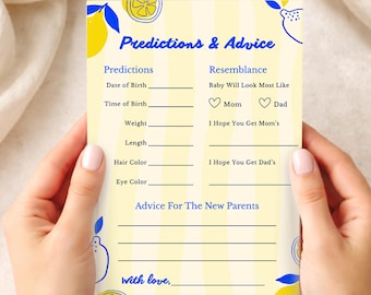 de jeu de cartes Prédictions et conseils pour baby shower de Ciao | Jeu de Baby Shower Amalfi Citron | Modèle Canva modifiable + PDF imprimable