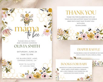 Mama to Bee Baby Shower Invitation Bundle Template, Honey Bee Shower Invite, Boho Baby Bundle, Editable Invitation Set