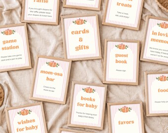 Pink Little Pumpkin Baby Shower Table Signs | Fall Baby Shower Decor | Editable Canva Template & Printable PDF