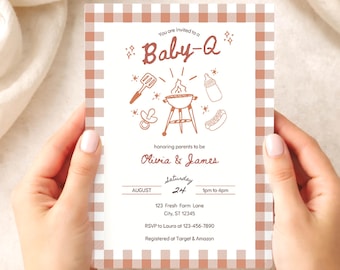 Baby Q Baby Shower Invitation Editable Canva Template, BBQ Baby Sprinkle Invite, Coed Summer Baby Shower (Digital Download)