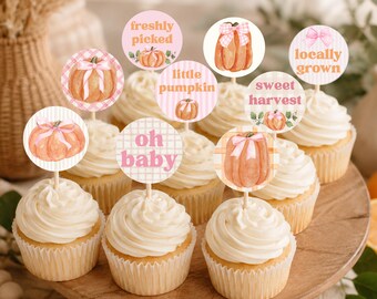 Pink Little Pumpkin Baby Shower Cupcake Toppers | Printable Fall Baby Shower Decor | Girl Baby Shower (Digital Download)