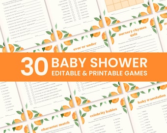 Little Cutie Baby Shower Games Bundle, Orange Citrus Baby Shower, 30 Baby Shower Games Pack Canva Editable Template