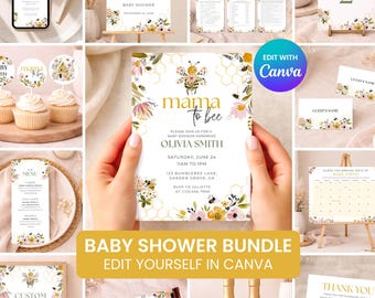 Mama to Bee Baby Shower Bundle Template, Boho Bee Baby Shower Decor, Editable Canva Template, Mommy to Bee Shower Games, Signs, Invitations