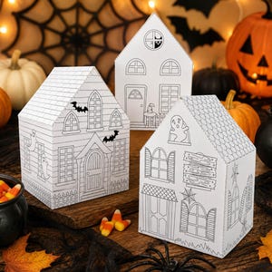 Three printable haunted houses ready to color, perfect for classroom Halloween activities, homeschool crafts, and quiet time activities.