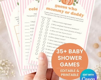 Pink Pumpkin Baby Shower Game Bundle | Little Pumpkin Theme Editable Canva Shower Game Bundle | Fall Baby Shower Games