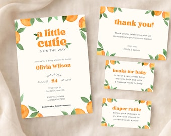 Little Cutie Baby Shower Invitation Set Template, Citrus Baby Shower Bundle, Orange Baby Shower Editable in Canva