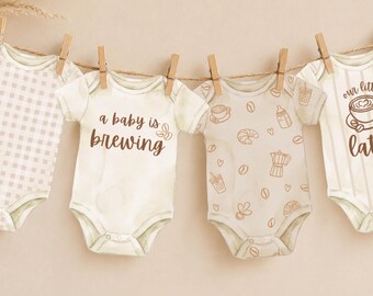 A Baby Is Brewing Baby Shower Onesie Banner Printable | Gender Neutral Coffee Theme Baby Shower Decor | Latte Baby Shower Garland