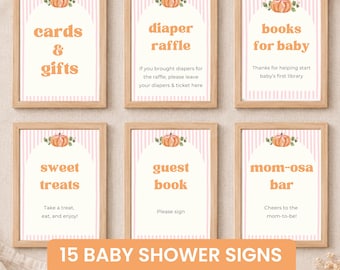 Pink Little Pumpkin Baby Shower Table Signs | Fall Baby Shower Decor | Editable Canva Template & Printable PDF