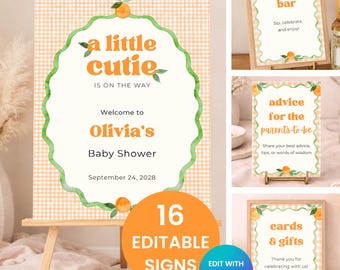 Little Cutie Baby Shower Signs Bundle | Orange Citrus Shower Decor | Editable Canva Templates | Welcome Sign & Table Signs