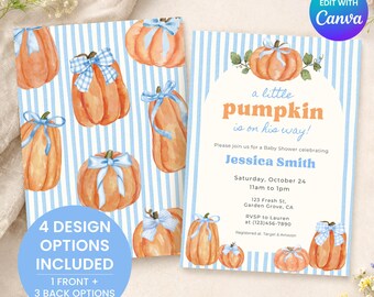 Blue Bow Pumpkin Baby Shower Invitation Template | Little Pumpkin Theme Editable Canva Invite | Boy Baby Shower Printable Invitation