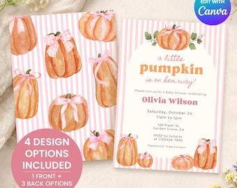 Pink Bow Pumpkin Baby Shower Invitation Template | Little Pumpkin Theme Editable Canva Invite | Girl Baby Shower Printable Invitation