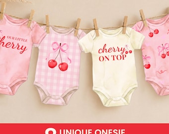 Cherry on Top Baby Shower Onesie Banner, Cherry Coquette Bow Baby Garland, Baby Girl Watercolor Clothesline Baby Shower Bunting