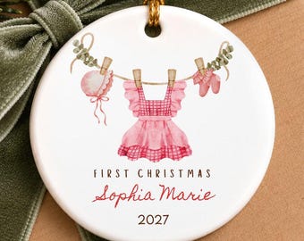 Personalized Baby Girl First Christmas Ornament, Pink Gingham Baby Name Keepsake, Custom Baby Gift for Newborn Keepsake