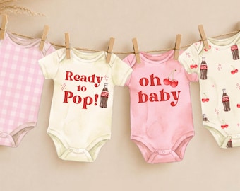 Ready to Pop Retro Onesie Baby Shower Printable Banner, Soda Baby Shower Decor, Pink Cherry Baby Shower Garland