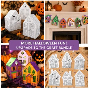 Upgrade to the Haunted House Craft Bundle featuring printable haunted house craft activities including coloring houses, 3D house cutout templates, Halloween coloring pages, treat boxes, Halloween bunting, classroom Halloween decor, fine motor activities for kids, and October decorations.