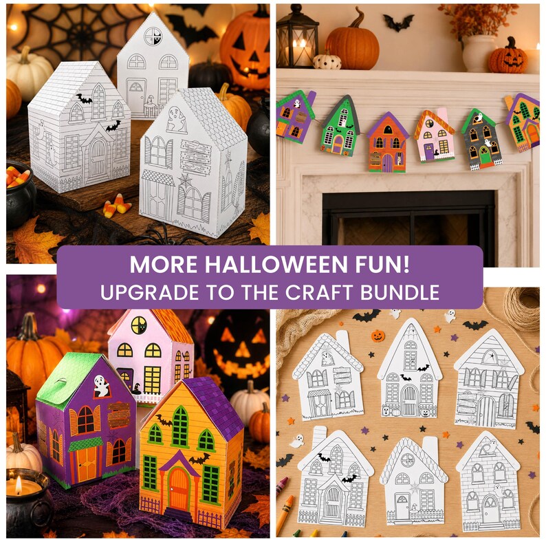 Upgrade to the Haunted House Craft Bundle featuring printable haunted house craft activities including coloring houses, 3D house cutout templates, Halloween coloring pages, treat boxes, Halloween bunting, classroom Halloween decor, fine motor activities for kids, and October decorations.