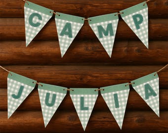 Letrero imprimible para despedida de soltera en campamento / Letras de tela color salvia / Decoración para despedida de soltera en campamento / Letrero rústico con bandera / Letrero personalizado para campamento
