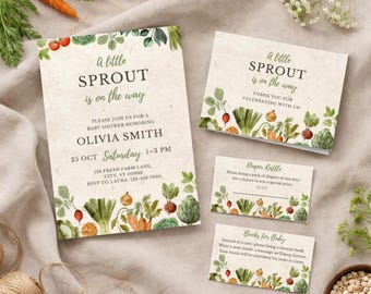 Paquete para baby shower "Un pequeño brote está en camino" / Conjunto de invitaciones editables en Canva / Baby shower con temática de mercado de agricultores / Baby shower con productos cultivados localmente
