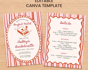 Plantilla de invitación de despedida de soltera y itinerario de fin de semana de Perfect Match / Invitación de fin de semana de Matchbox Bride / Tema de Matchboxes de boda