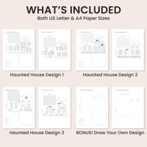 Halloween printable PDF bundle including three haunted house designs, bonus blank printable house template, and US Letter and A4 paper sizes.