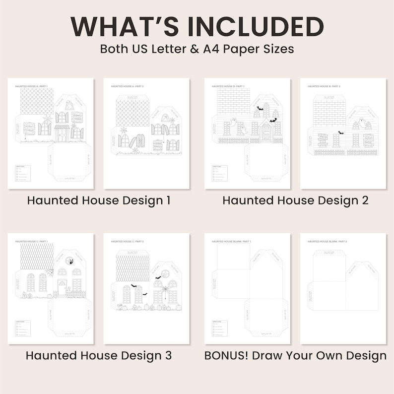 Halloween printable PDF bundle including three haunted house designs, bonus blank printable house template, and US Letter and A4 paper sizes.