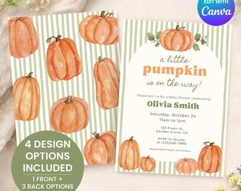 Little Pumpkin Baby Shower Invitation Template | Gender Neutral Baby Shower Printable Invitation | Editable Canva Invite