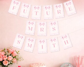 Guirnalda imprimible para despedida de soltera con lazo rosa / Decoración nupcial coqueta / Banderines de guirnalda floral francesa / Guirnalda para futura Sra.