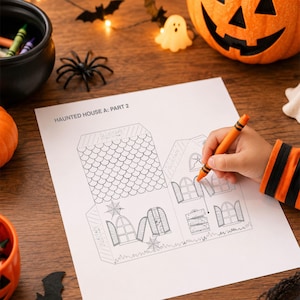 Child coloring a haunted house printable on white paper as a fun screen free kids Halloween coloring activity and rainy day craft.