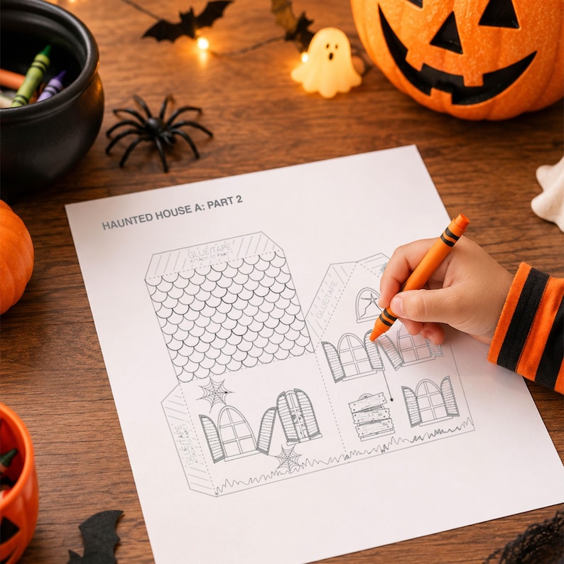 Child coloring a haunted house printable on white paper as a fun screen free kids Halloween coloring activity and rainy day craft.