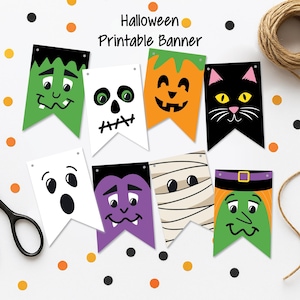May include: A Halloween printable banner with a selection of spooky characters. The banner includes a green Frankenstein, a white skull, an orange jack-o'-lantern, a black cat, a white ghost, a purple vampire, a mummy, and a green witch. The banner is decorated with orange and black confetti.