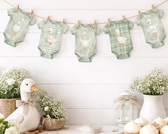 Banner imprimible para baby shower de ganso gracioso / Decoración para baby shower de ganso / Banner para body de bebé verde salvia neutro / Baby shower de género neutro / Cuadros vichy