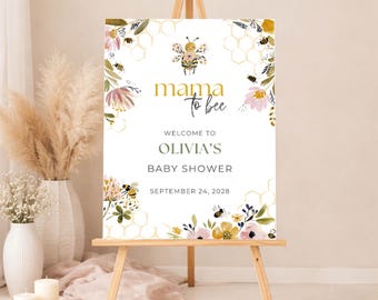 Mama to Bee Baby Shower Welcome Sign Template, Editable Canva Welcome Sign, Honey Bee Shower Printable, Mommy to Bee Sign